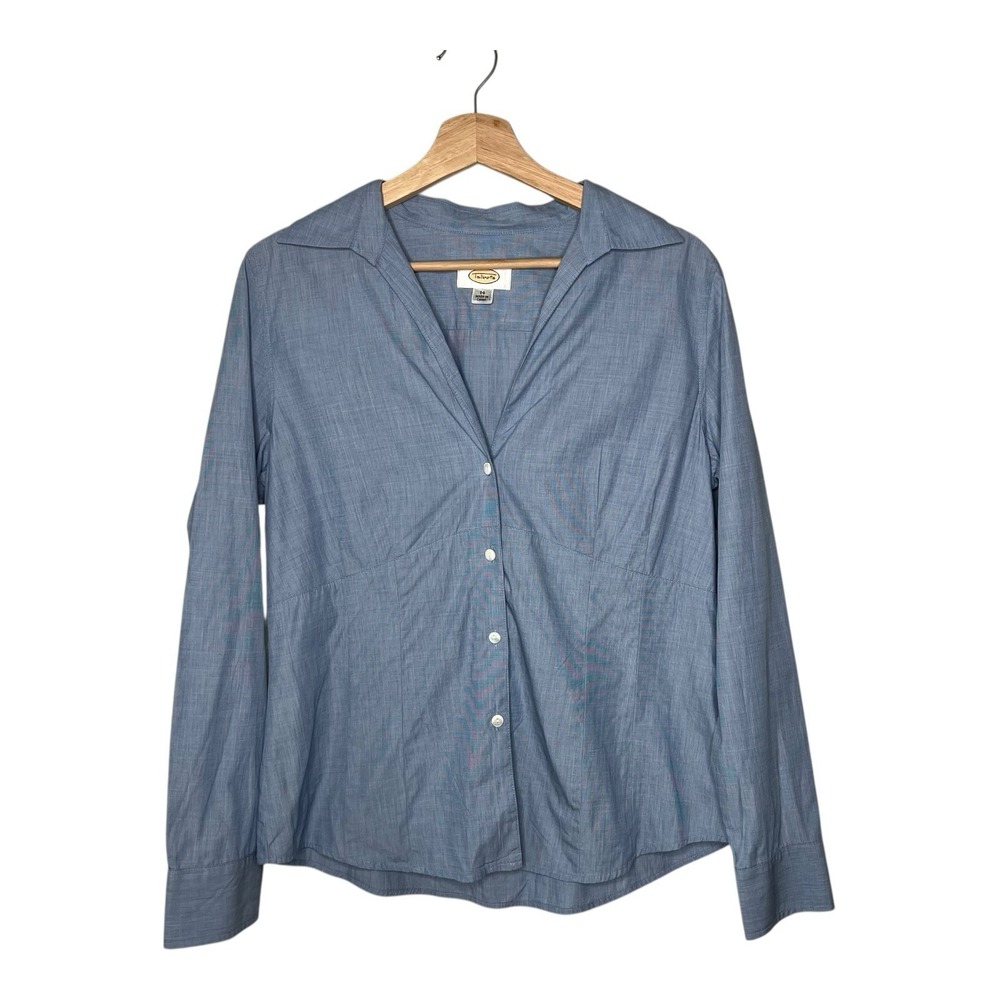 Talbots Top‎ Womens 14 Blue Button Down Career Cotton V Neck Business Casual